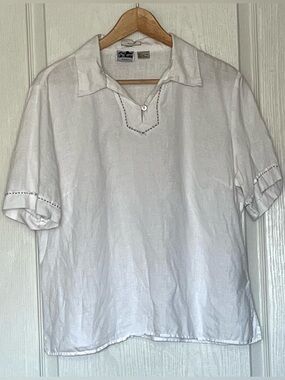 Edward 100% Irish Linen White Contrast Stitch Popover Tunic Top L Resortwear